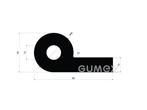 Pryžový profil pro vodní díla tvaru "P" s dutinkou, 80x40/15mm, 60°ShA, EPDM, -40°C/+100°C, černý